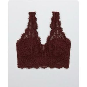 Aerie Eyelash Lace Plunge Bralette - Wine - Med - D cup